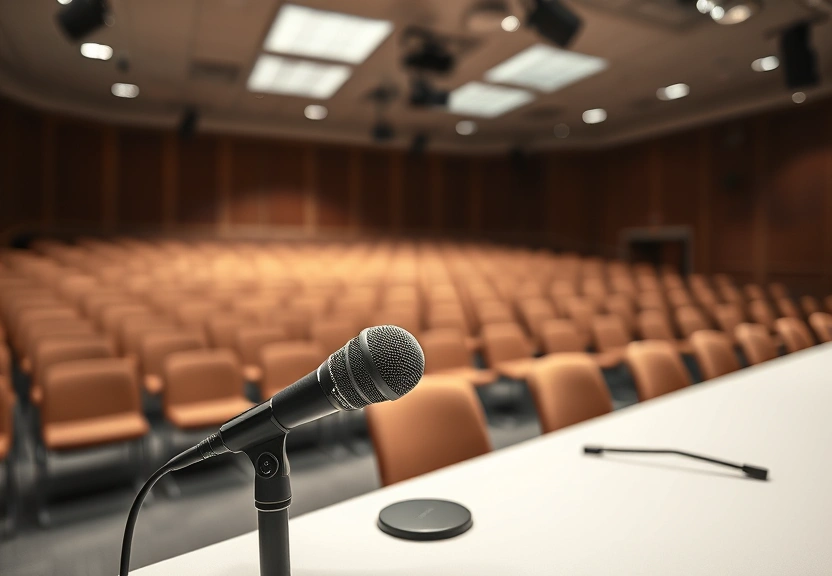Microfone sobre a mesa de uma sala de imprensa vazia